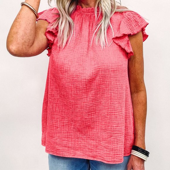 023. Rose Flutter Sleeve Frilled Neck Textured Blouse  Size M - Picture 3 of 11